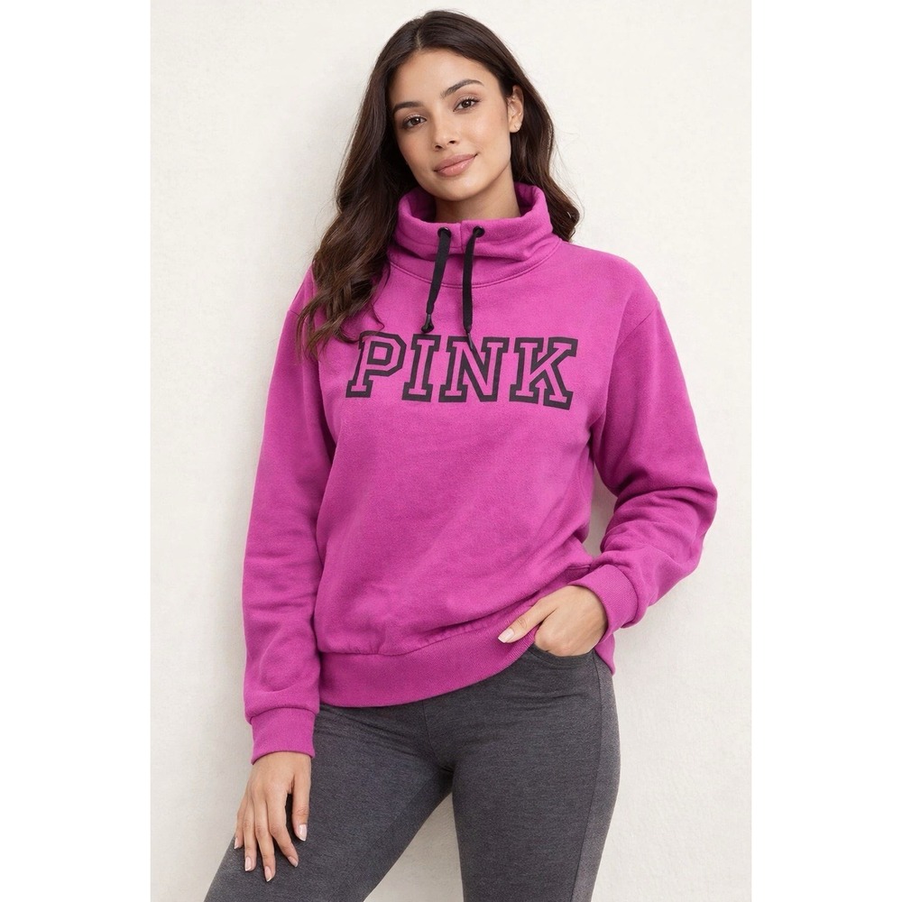 PINK Victoria's Secret Women's Magenta Funnel Neck Hoodie Sweatshirt Medium